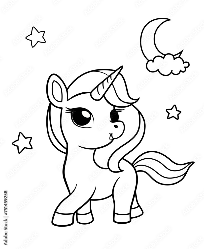 Hand drawn outline cute unicorn moon and stars in the background ...