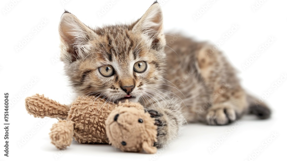 Naklejka premium whisker cuddles: a tabby kitten's tender moments with its plush friend