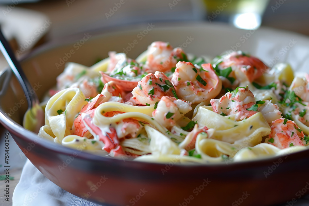 Delectable lobster meat combined with pasta for a mouthwatering twist on the classic lobster roll Delectable lobster meat combined with pasta for a mouthwatering twist on the classic lobster roll