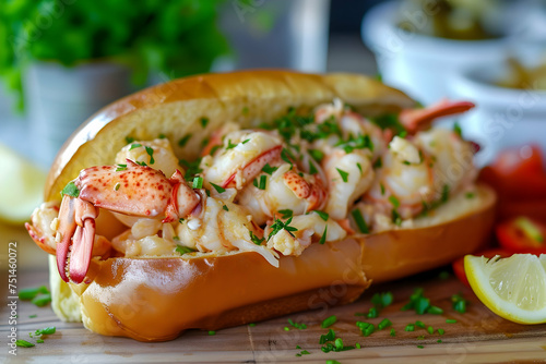 Sumptuous lobster meat stuffed in a soft bun, creating a mouthwatering lobster roll sandwich