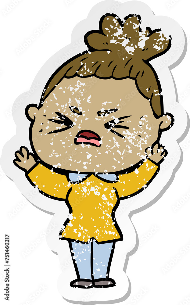 distressed sticker of a cartoon angry woman distressed sticker of a cartoon angry woman