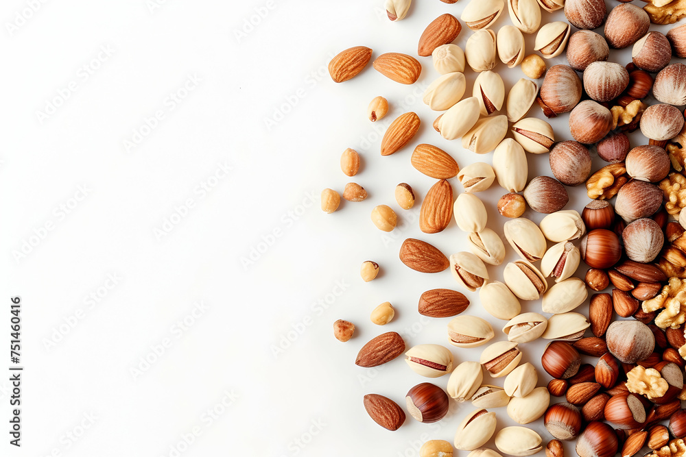 Variety of nuts including almonds, walnuts, and pistachios arranged neatly on a white surface Variety of nuts including almonds, walnuts, and pistachios arranged neatly on a white surface