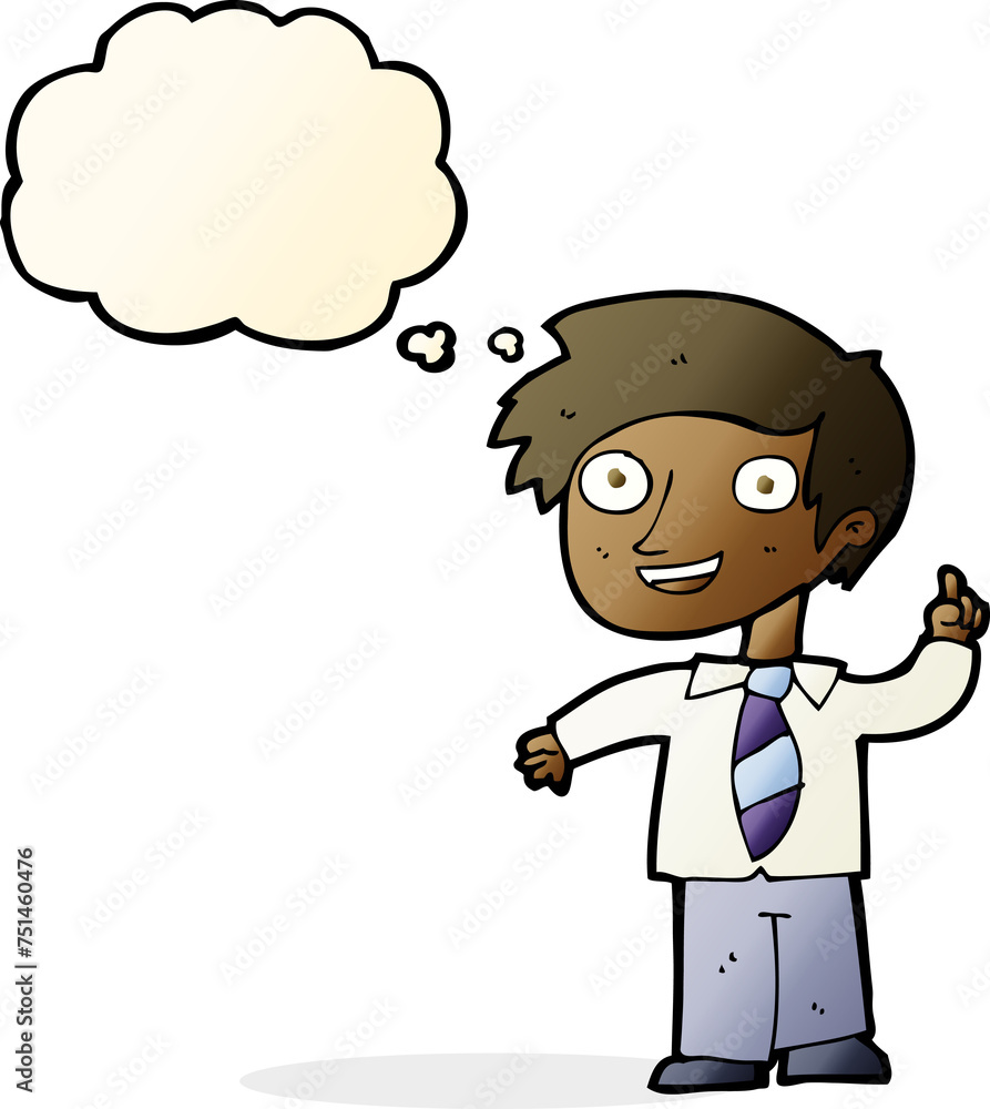 cartoon school boy with idea with thought bubble cartoon school boy with idea with thought bubble