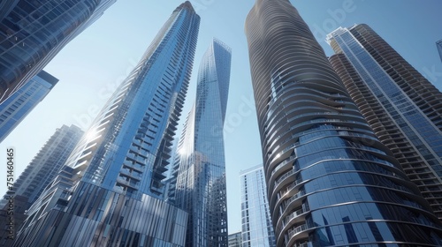 many tall buildings are shown in the background, in the style of design by architects, light silver and cyan​