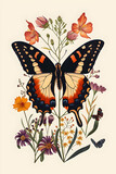 Vintage Butterfly and Summer Flowers Illustration, Symmetrical Design
