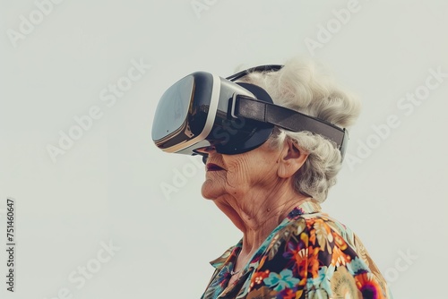 Senior Woman with VR Headset on White Background