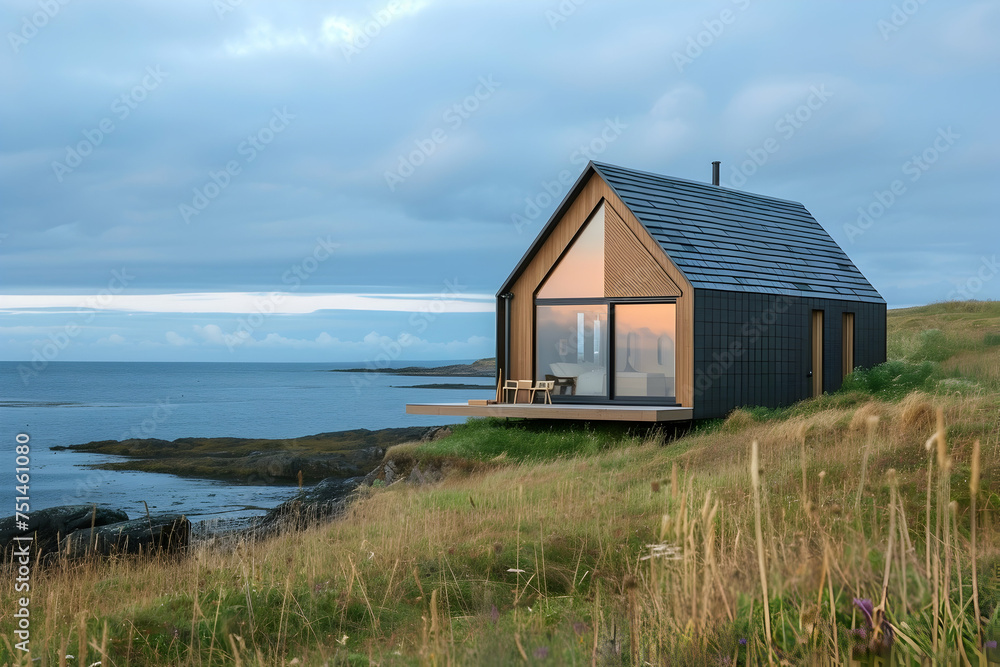 A charming small wooden house with large windows, nestled by the seashore A charming small wooden house with large windows, nestled by the seashore