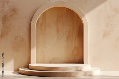 a round podium with a wooden arch