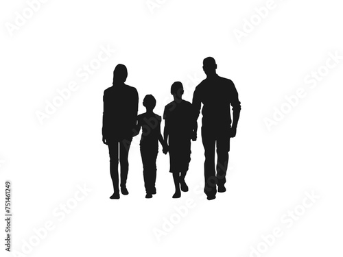 family four persons parents and two children silhouettes. Vector silhouettes of a family, man, woman and child, walking, people. Black silhouettes of beautiful man and woman on white background.