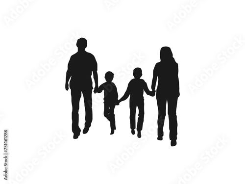 family four persons parents and two children silhouettes. Vector silhouettes of a family, man, woman and child, walking, people. Black silhouettes of beautiful man and woman on white background.