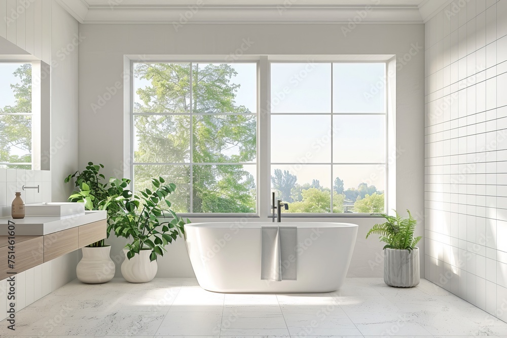 Fototapeta premium White Bathroom with Large Window