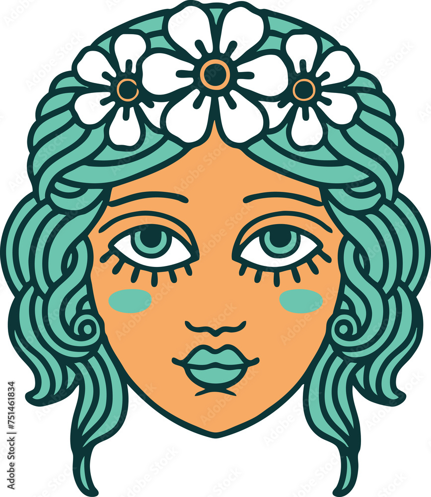 tattoo style icon of female face with crown of flowers