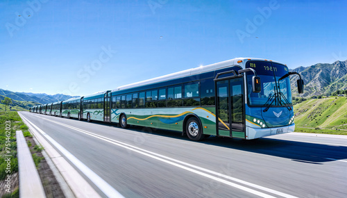 A long articulated bus drives through the countryside on a sunny day with a mountainous landscape