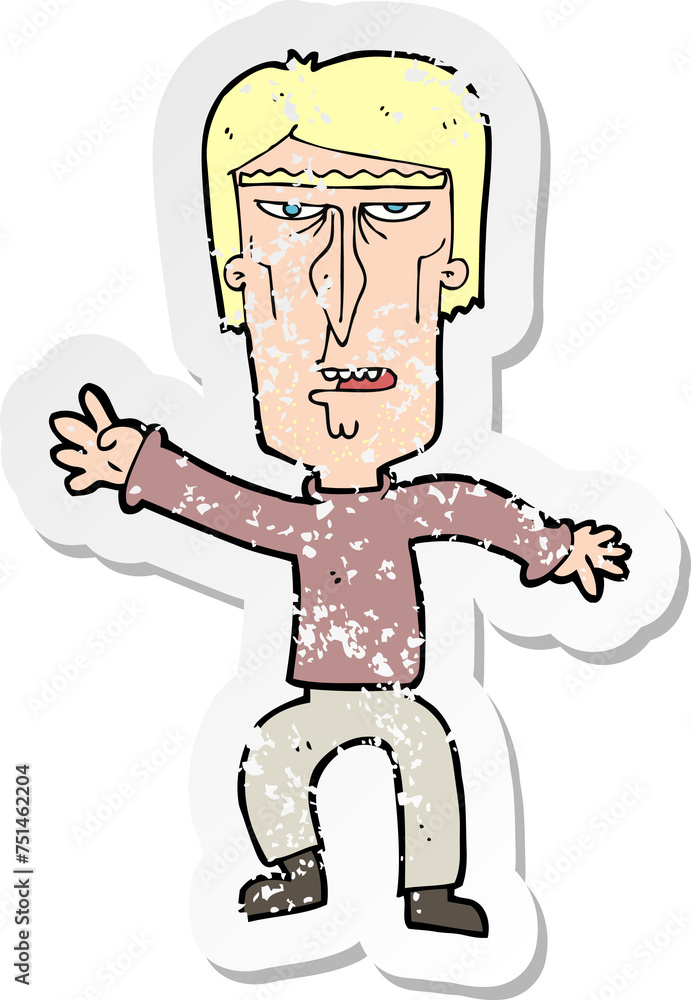 Fototapeta premium retro distressed sticker of a cartoon angry man waving warning