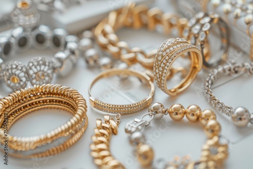 A collection of gold and diamond jewelry, including bracelets, rings