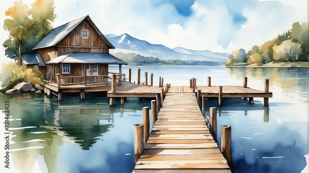 Watercolor painting illustration of wooden jetty port at the beach from Generative AI - obrazy, fototapety, plakaty 