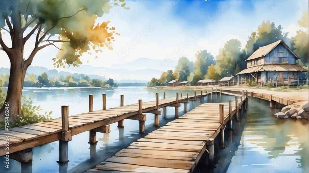 Watercolor painting illustration of wooden jetty port at the lake from Generative AI - obrazy, fototapety, plakaty 