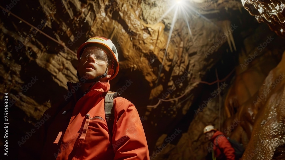speleologists exploring inside a cave speleologists exploring inside a cave