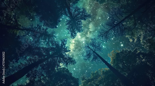 Silhouettes of tall trees against the backdrop of a dark blue sky and starry night in the forest © Matthew