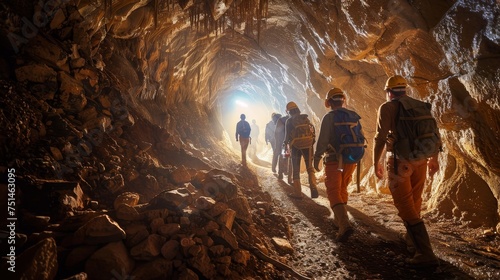 speleologists exploring inside a cave photo