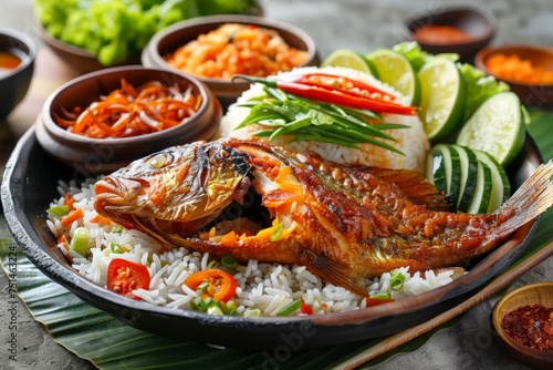 A plate of food with rice, fish, and vegetables