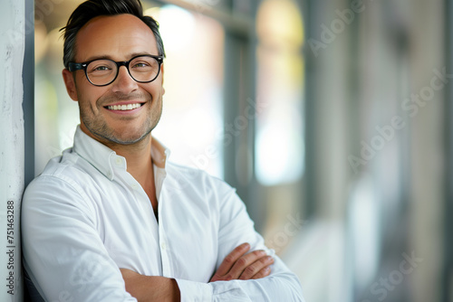 Confident Entrepreneur in Casual White Shirt Leaning on a Modern Office Window with a Content Smile
