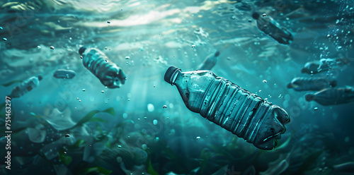 Plastic garbage bottles under the sea. Plastic bottles floating in the ocean