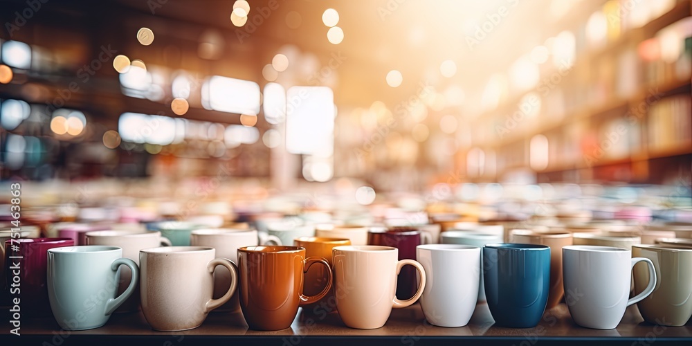 Defocused Coffee shop background with focus on mugs - obrazy, fototapety, plakaty 