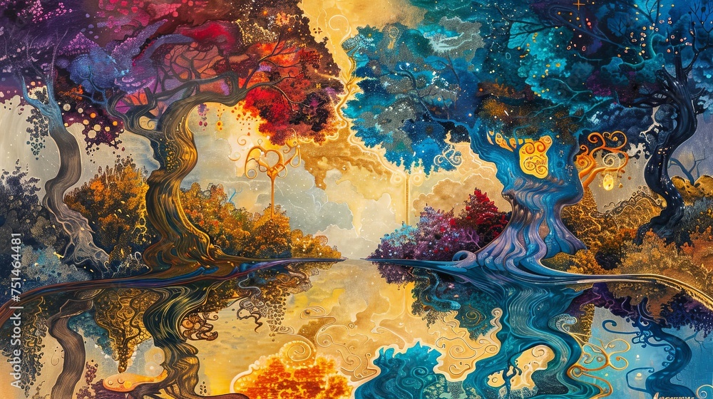 A surreal landscape where giant, whimsical trees with thick impasto bark twist into the sky, leaves a kaleidoscope of colors. Oil painting. 