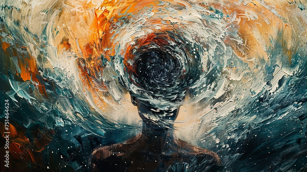 An abstract portrait of a person whose thoughts and emotions are visualized as a swirling, impasto storm above their head. Oil painting.  - obrazy, fototapety, plakaty 