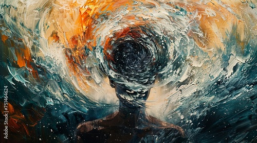An abstract portrait of a person whose thoughts and emotions are visualized as a swirling, impasto storm above their head. Oil painting. 
