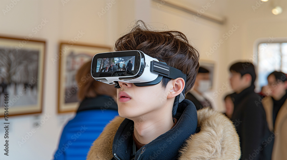 person experiencing virtual reality at an art exhibition, with spectators in the background person experiencing virtual reality at an art exhibition, with spectators in the background