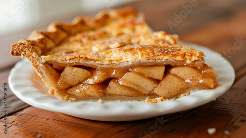 A slice of classic apple pie with a flaky crust