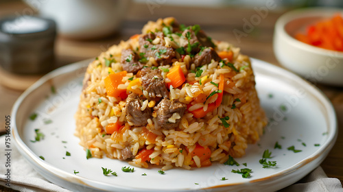 Savory beef pilaf on rustic table