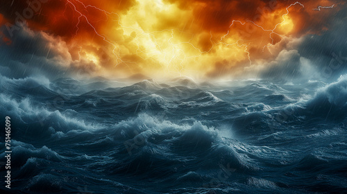 Stormy sea with towering waves under a dramatic sky lit by lightning and dark clouds