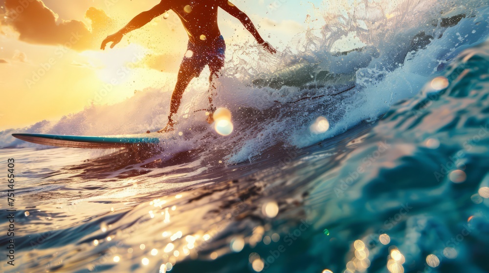 Fototapeta premium Surfer Riding a Wave in Golden Light Close-Up 