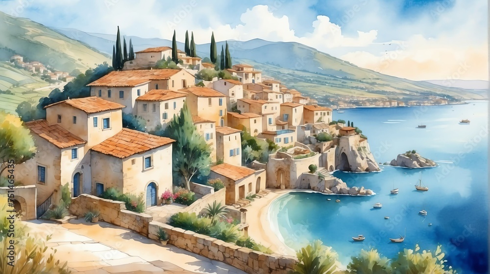 Watercolor painting illustration of panoramic landscape view of mediterranean village from Generative AI - obrazy, fototapety, plakaty 