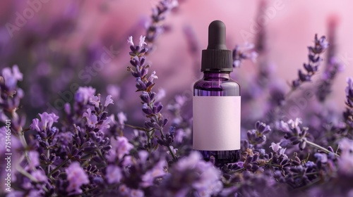 A small black dropper bottle with a blank label, surrounded by lavender flowers. Concept: mockup for natural products, essential oils, or herbal remedies