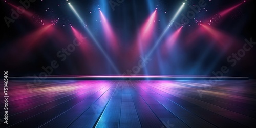 Modern dance stage light background with spotlight illuminated for modern dance production stage. Empty stage with dynamic color washes. Stage lighting art design. © Coosh448