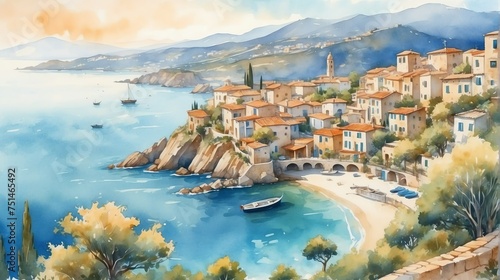 Watercolor painting illustration of panoramic landscape view of mediterranean village at seaside from Generative AI