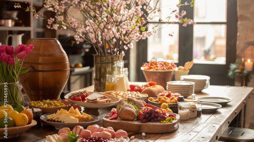Easter brunch table with delicatessen in a cozy style, flowers decoration