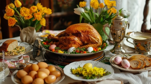 A beautifully arranged Easter dinner table with a roasted turkey, eggs, spring flowers, and festive decor, celebrating Easter traditions and family gatherings.
