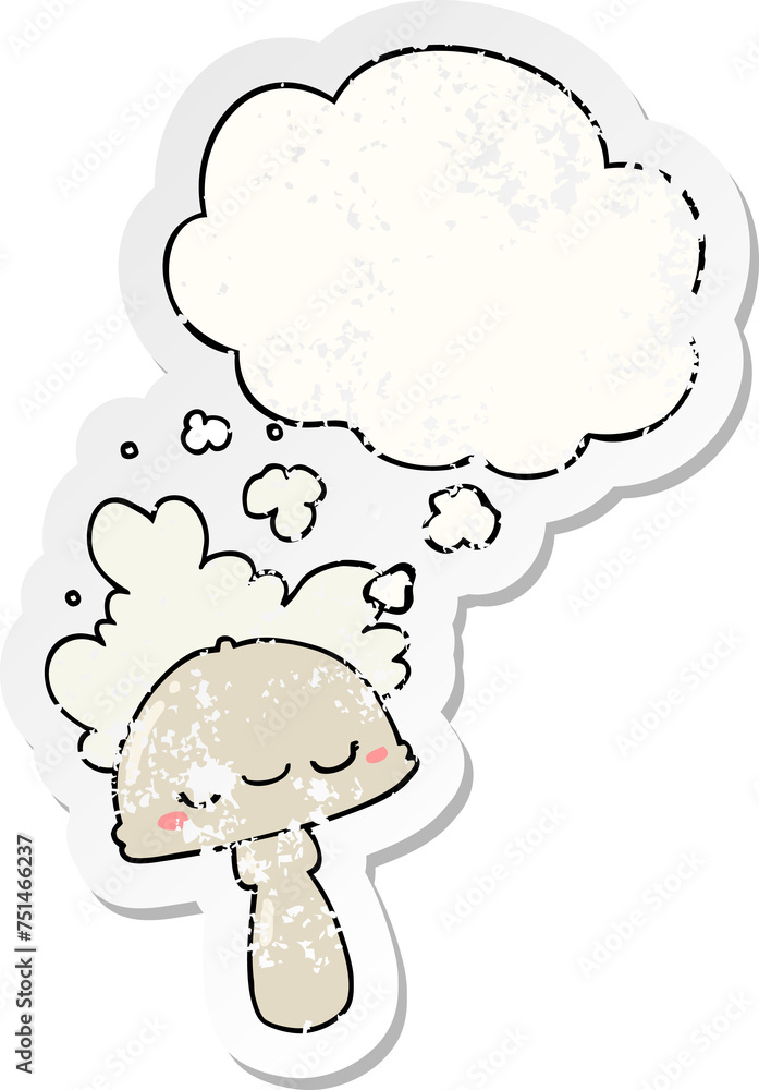 cartoon mushroom with spoor cloud and thought bubble as a distressed worn sticker cartoon mushroom with spoor cloud and thought bubble as a distressed worn sticker