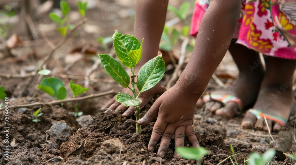 Tree planting growing on soil in a kid hands for saving world environment Tree planting growing on soil in a kid hands for saving world environment