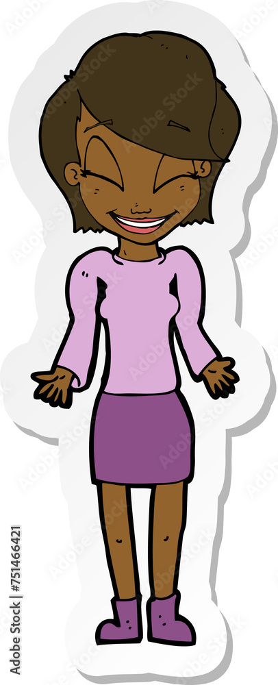 sticker of a cartoon happy woman shrugging shoulders