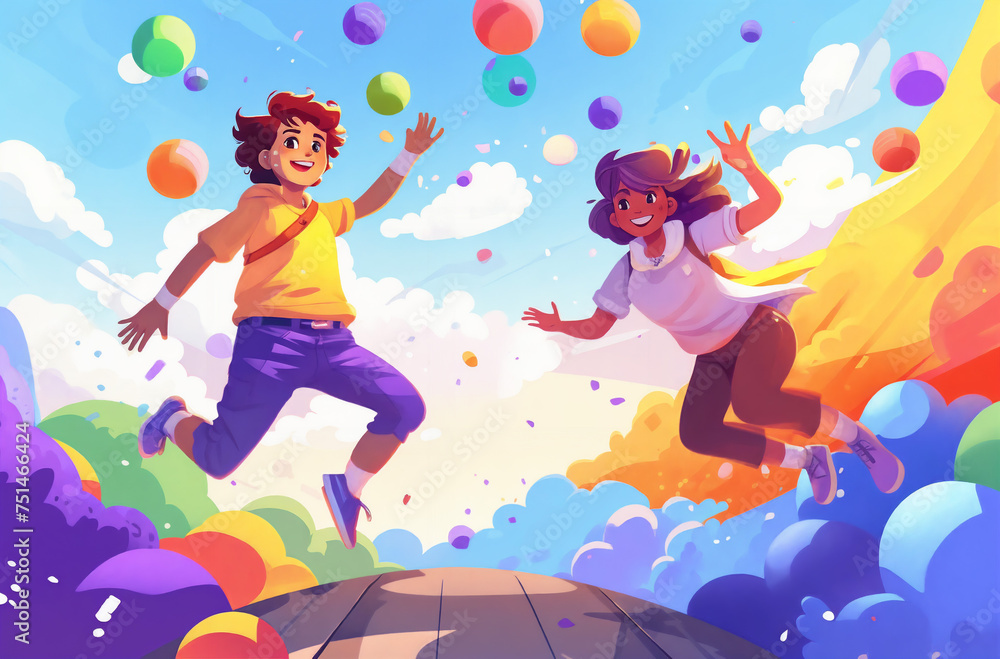 a couple of people that are flying through the air with balloons in the sky behind them and a ballon in the air, generative ai a couple of people that are flying through the air with balloons in the sky behind them and a ballon in the air, generative ai