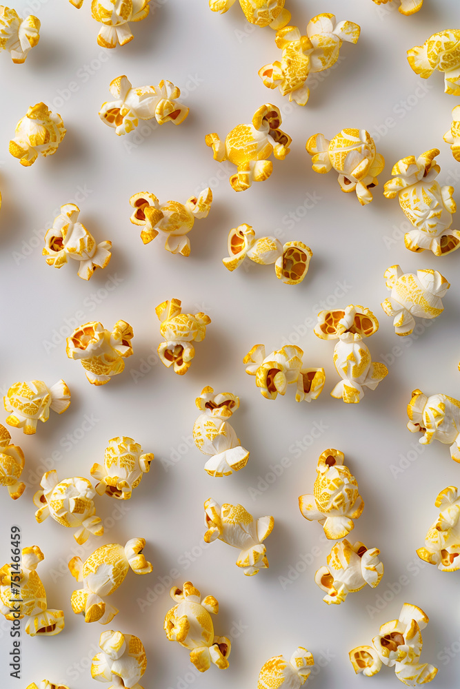Top view of scattered popcorn on a white background suitable for cinema or snack themes. Top view of scattered popcorn on a white background suitable for cinema or snack themes.