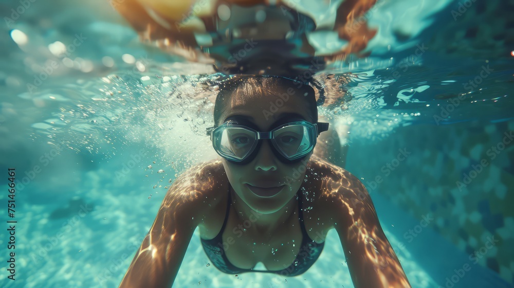 Naklejka premium underwater selfie picture of a female swimmer in swimming suit and goggles training in swimming pool