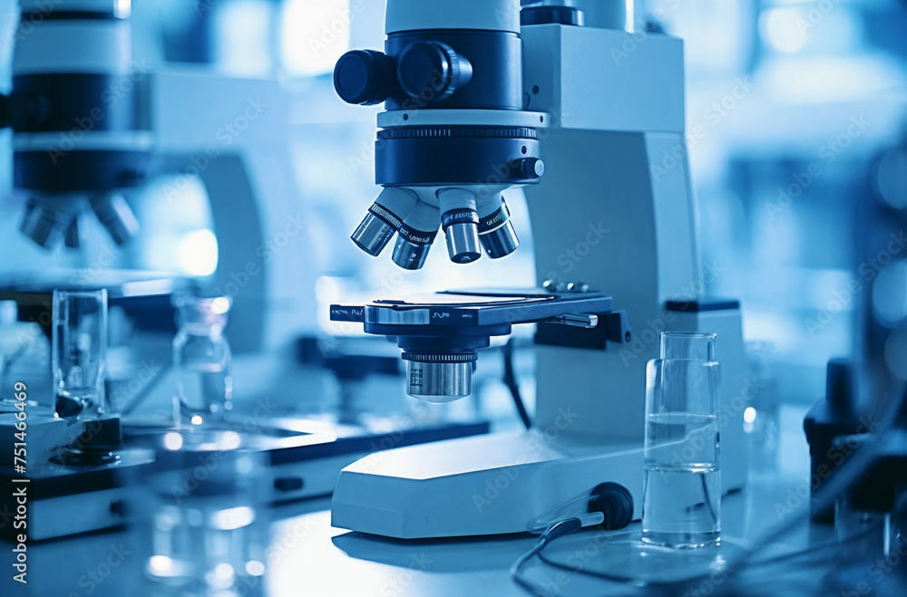 a microscope with a microscope in the middle of it and some glasses on the table in front of it, generative ai a microscope with a microscope in the middle of it and some glasses on the table in front of it, generative ai