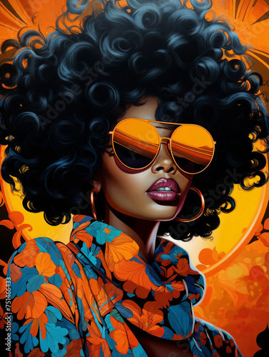a painting of a woman with sunglasses on her face and a sun behind her head  with a black afro hair and orange and blue dress  generative ai